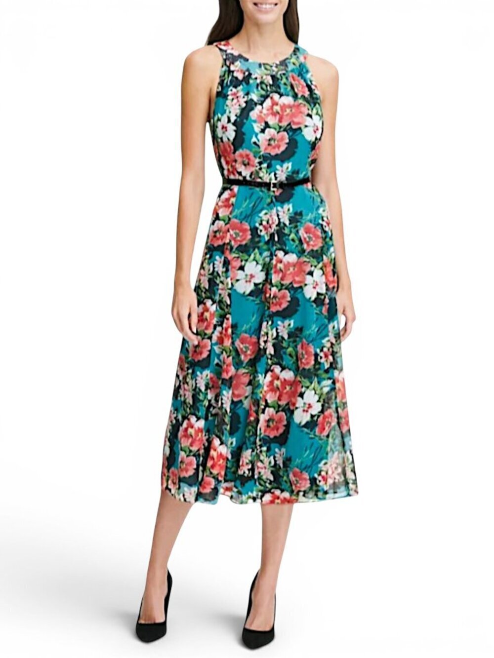 Tommy Hilfiger Teal Floral Printed Halter Patent Belted Midi Dress New NWT 6